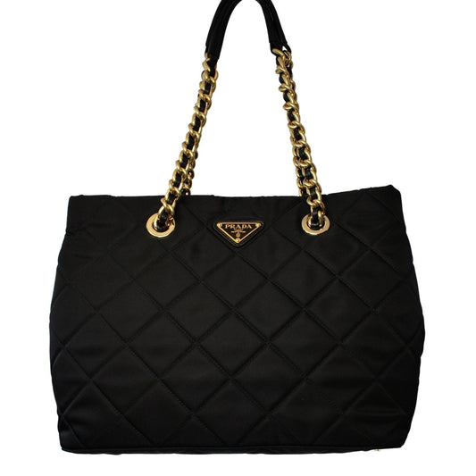 Prada Black Tessuto Nylon Gold Chain Quilted Convertible Tote Bag 1BG740