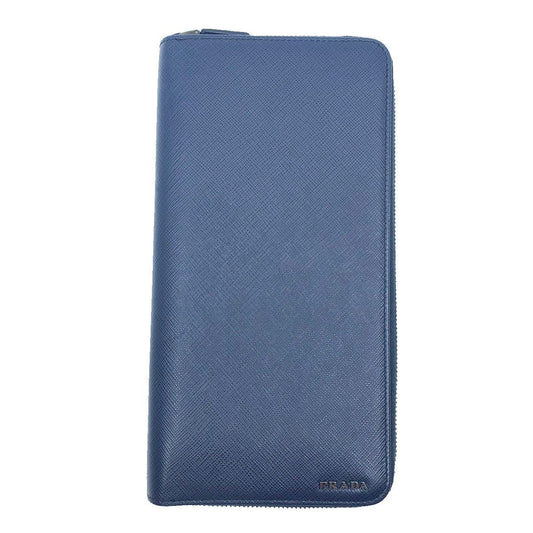 Prada Blue Black Saffiano Leather Large Emblem Zip Around Clutch Wallet