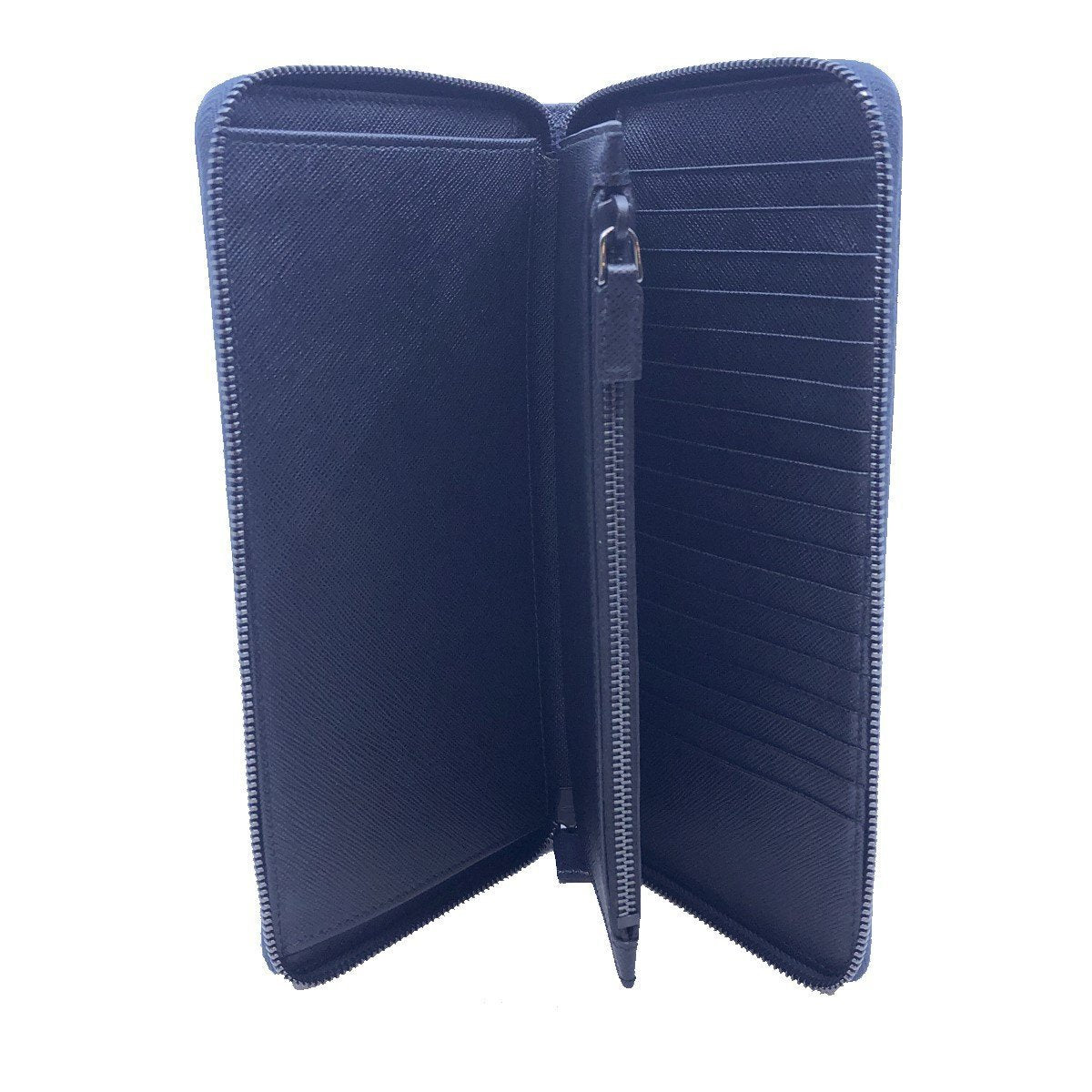Prada Blue Black Saffiano Leather Large Emblem Zip Around Clutch Wallet