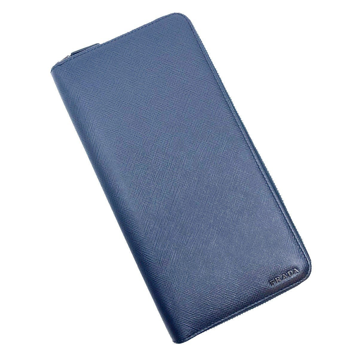 Prada Blue Black Saffiano Leather Large Emblem Zip Around Clutch Wallet