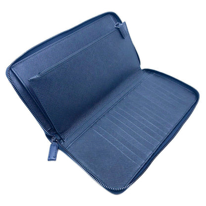 Prada Blue Black Saffiano Leather Large Emblem Zip Around Clutch Wallet