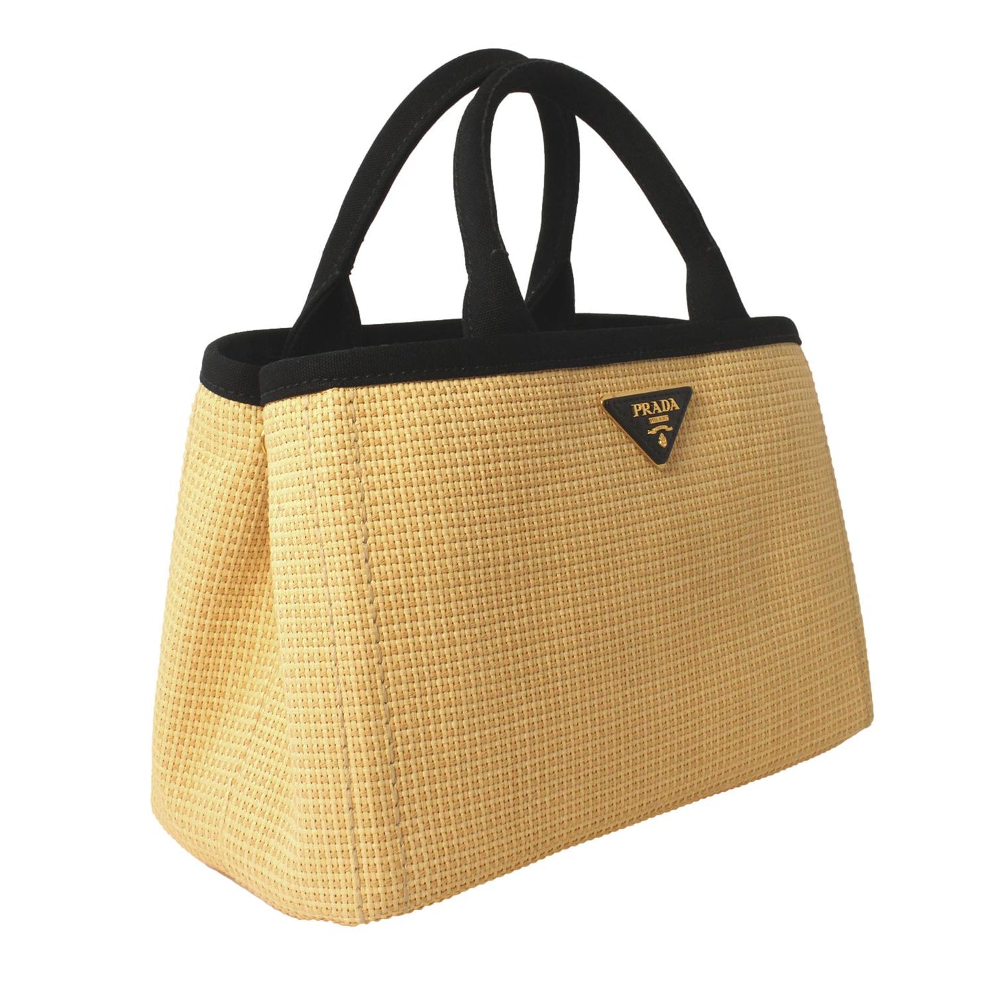 Prada Canapa Beige Woven Straw Black Canvas Trim Tote Handbag 1BG155