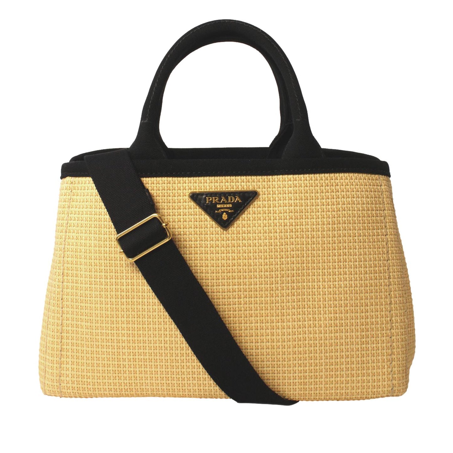Prada Canapa Beige Woven Straw Black Canvas Trim Tote Handbag 1BG155