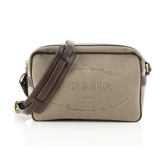 Prada Jacquard Logo Brown Canvas Leather Trim Camera Crossbody 1BH089