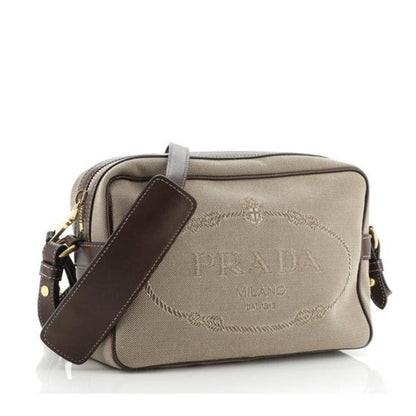 Prada Jacquard Logo Brown Canvas Leather Trim Camera Crossbody 1BH089