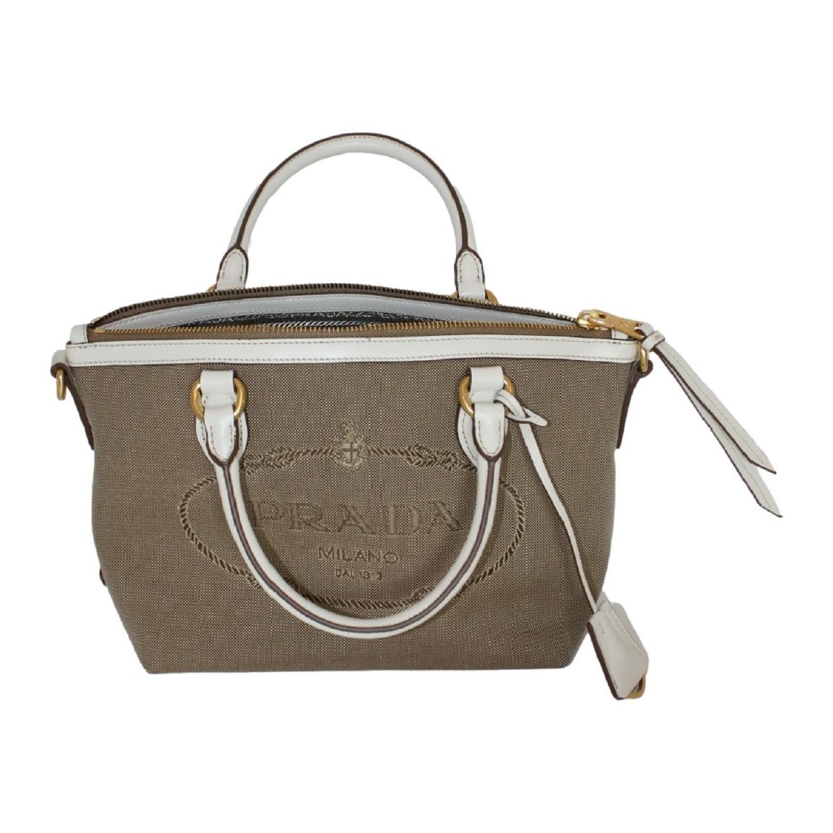 Prada Canvas Jacquard Logo White Leather Trim Small Satchel 1BA111