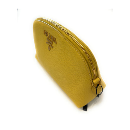 Prada Yellow Vitello Daino Pouch Vanity Cosmetic Case 1ND005