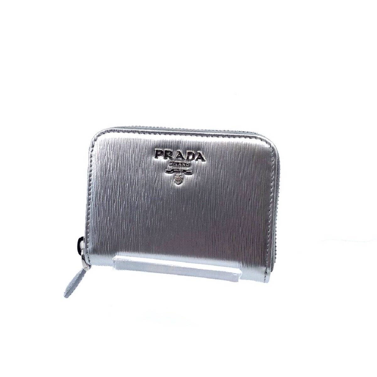 Prada Cromo Metallic Silver Vitello Move Leather Zipper Wallet