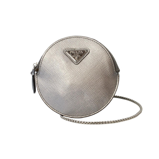 Prada Cromo Saffiano Leather Card Holder Chain Mini Pouch Bag 1DH074