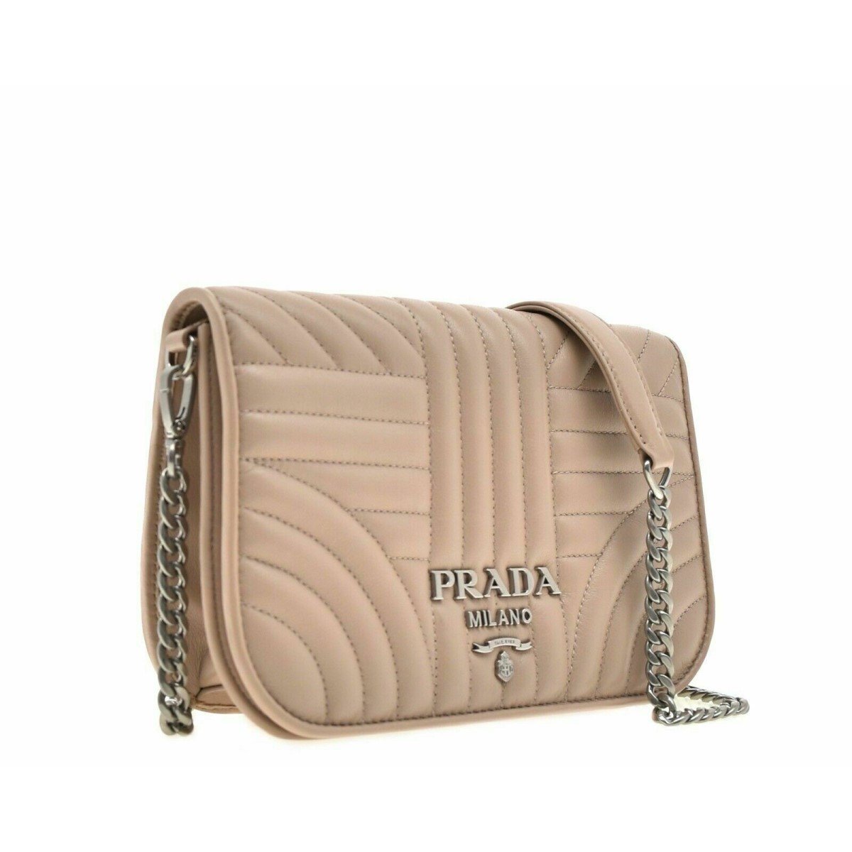 Prada Diagramme Cipria Beige Quilted Silver Chain Crossbody 1BP013