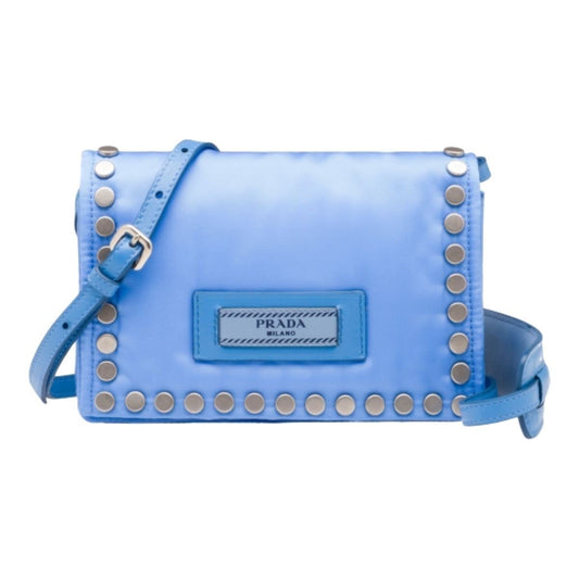 Prada Etiquette Studded Mini Baby Blue Tessuto Nylon Crossbody Bag 1BP006