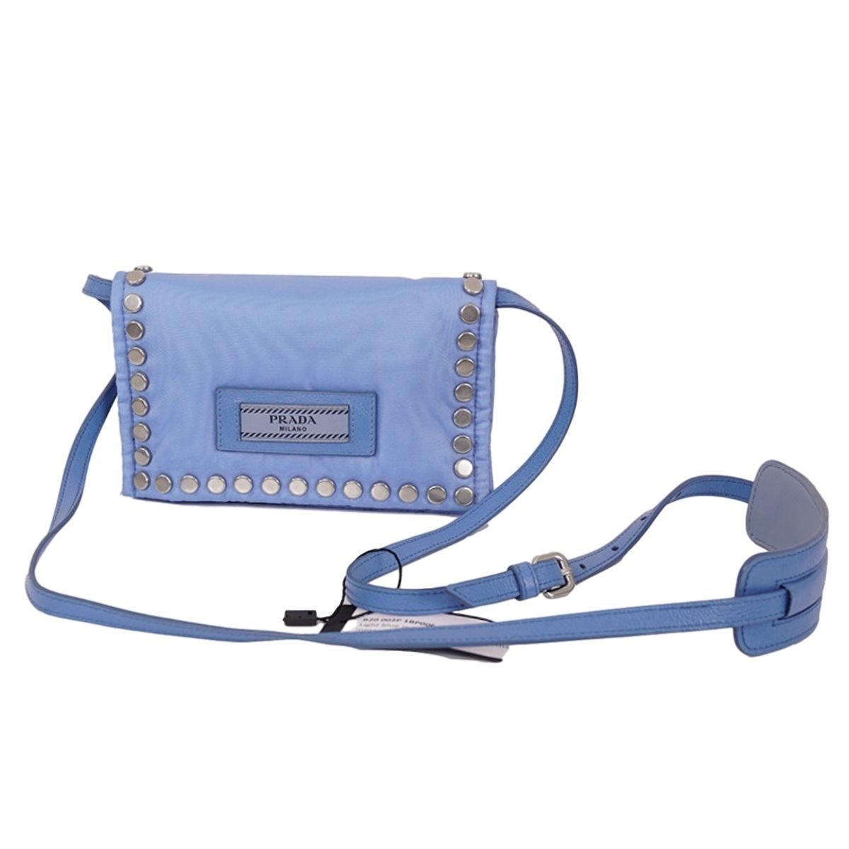 Prada Etiquette Studded Mini Baby Blue Tessuto Nylon Crossbody Bag 1BP006