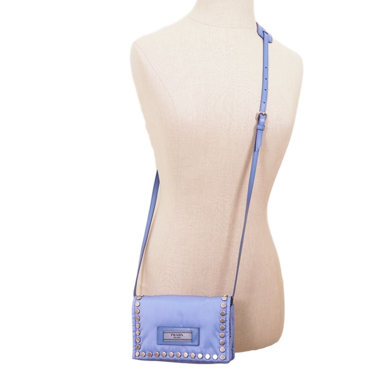 Prada Etiquette Studded Mini Baby Blue Tessuto Nylon Crossbody Bag 1BP006