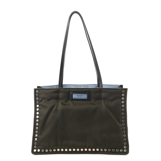 Prada Etiquette Tessuto Nylon Militaire Green Astral Studded Tote Bag 1BG122