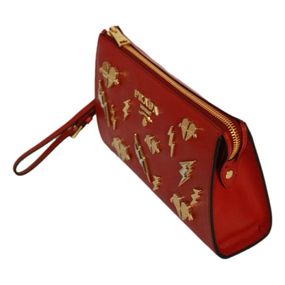 Prada Fuoco Red Saffiano Leather Gold Hearts Pouch Wristlet Clutch Bag