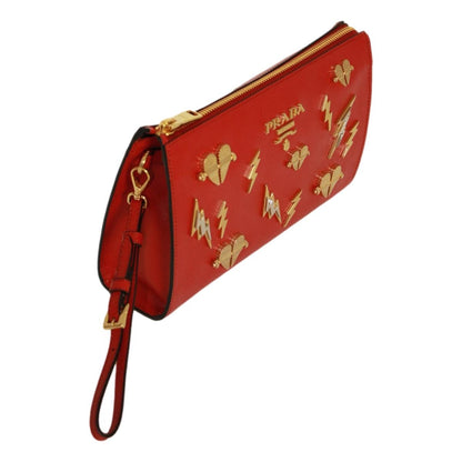 Prada Fuoco Red Saffiano Leather Gold Hearts Pouch Wristlet Clutch Bag