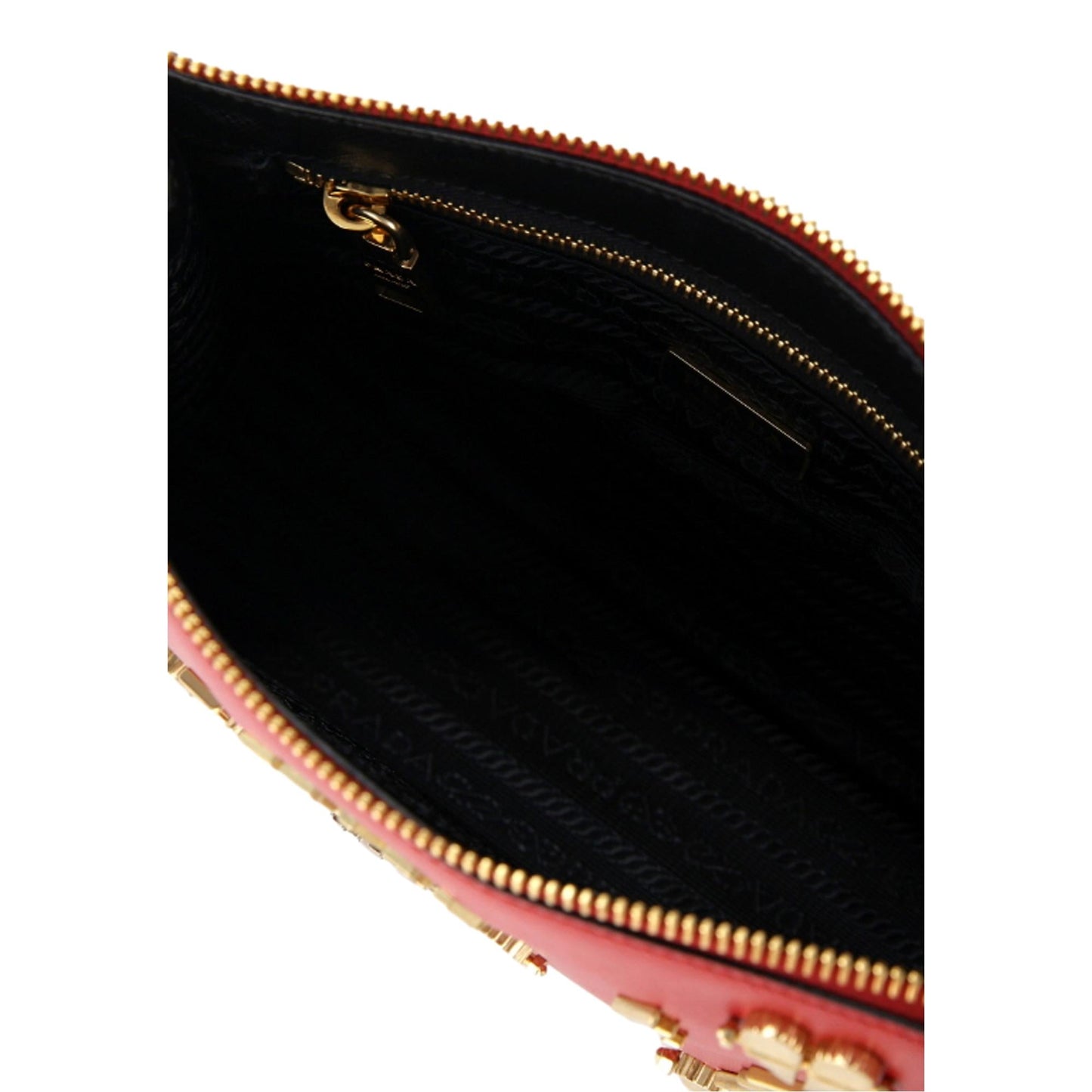 Prada Fuoco Red Saffiano Leather Gold Hearts Pouch Wristlet Clutch Bag