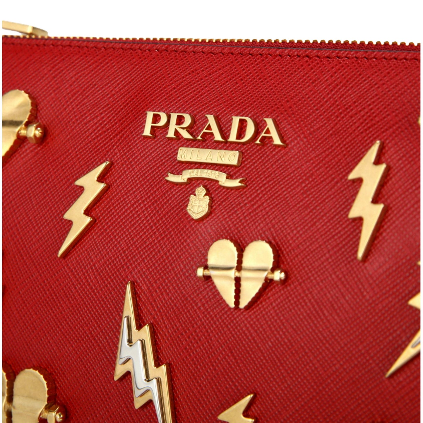 Prada Fuoco Red Saffiano Leather Gold Hearts Pouch Wristlet Clutch Bag