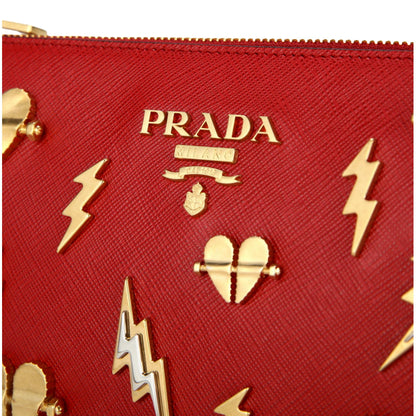 Prada Fuoco Red Saffiano Leather Gold Hearts Pouch Wristlet Clutch Bag