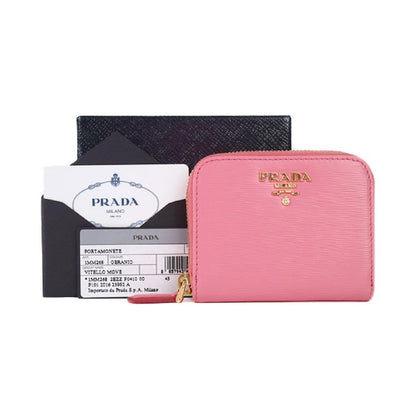 Prada Geranio Pink Vitello Move Leather Gold Small Zip Coin Wallet