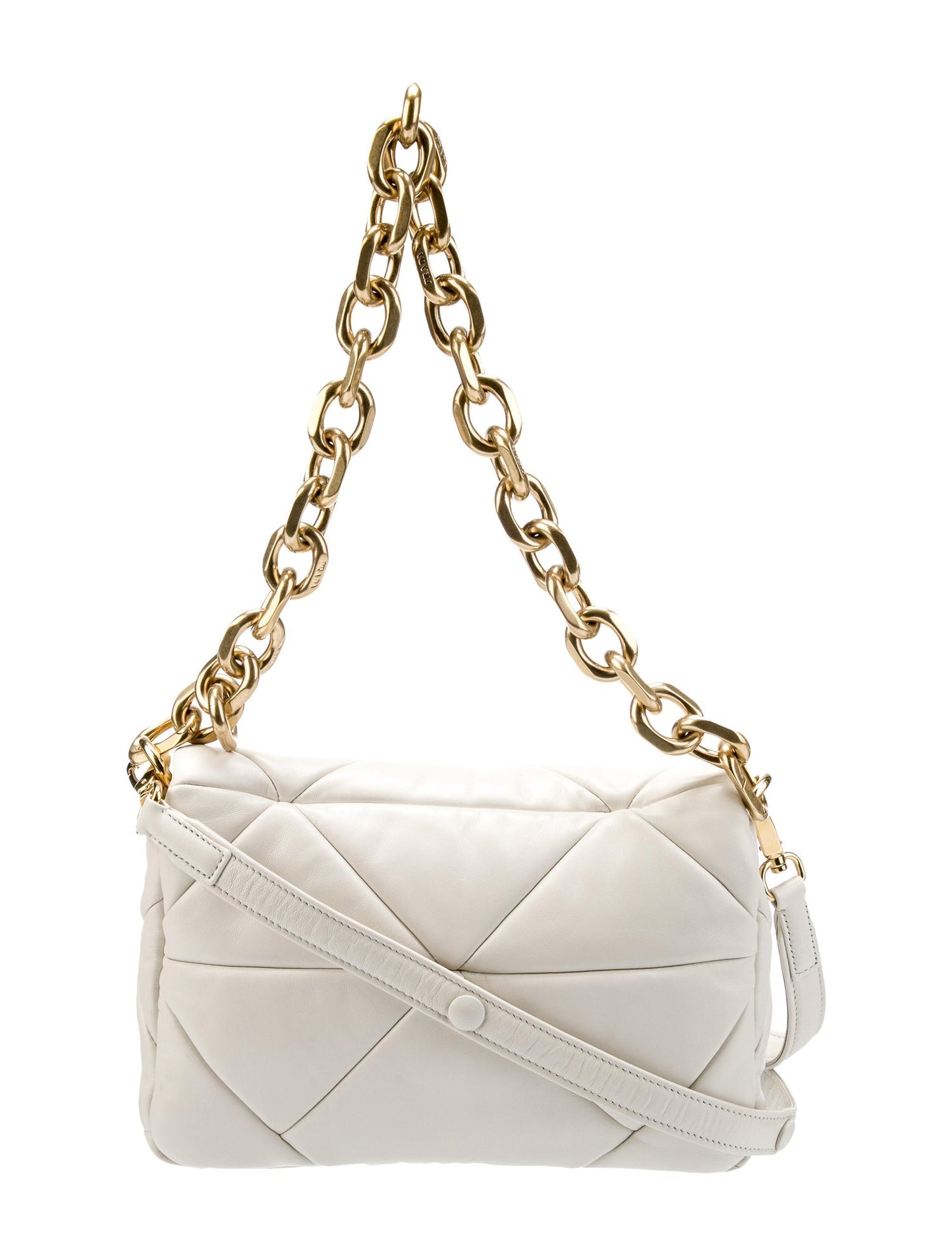 Prada Gold Logo Ivory Quilted Nappa Patch Leather Shoulder Bag