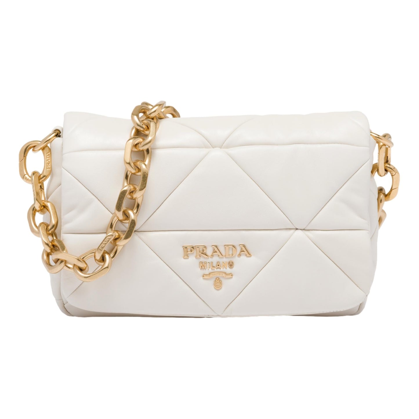 Prada Gold Logo Ivory Quilted Nappa Patch Leather Shoulder Bag