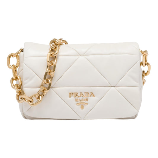 Prada Gold Logo Ivory Quilted Nappa Patch Leather Shoulder Bag