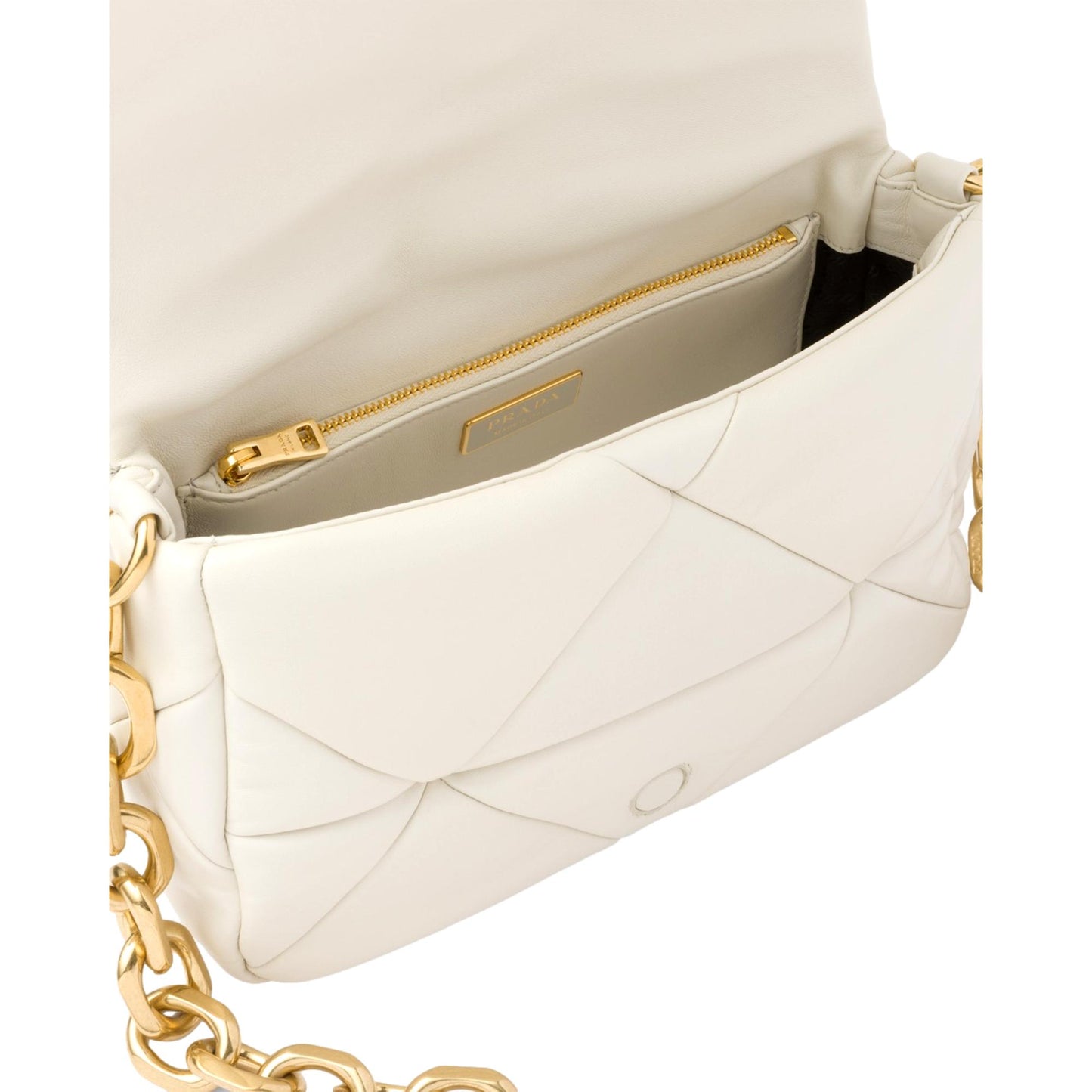 Prada Gold Logo Ivory Quilted Nappa Patch Leather Shoulder Bag