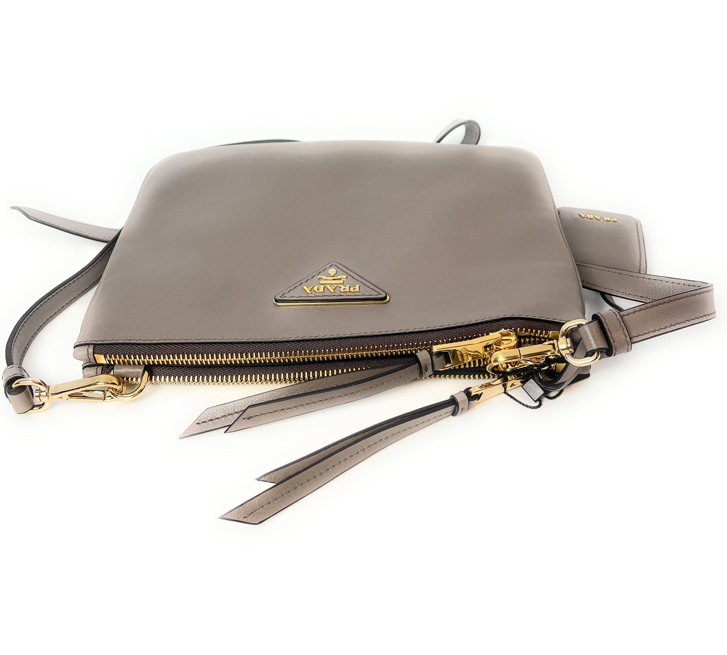Prada Gray Vitello Phenix Bandoliera Triangle Logo Leather Crossbody 1BH046
