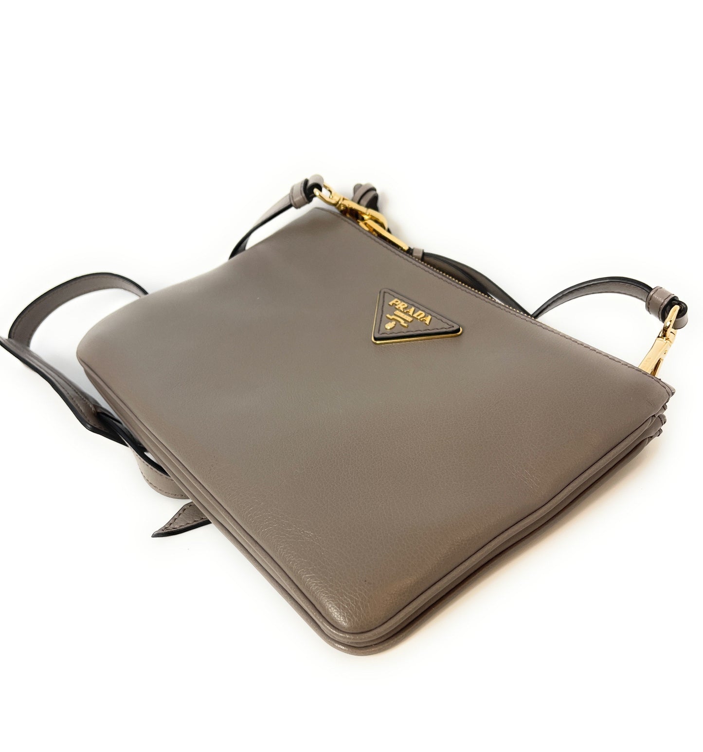 Prada Gray Vitello Phenix Bandoliera Triangle Logo Leather Crossbody 1BH046