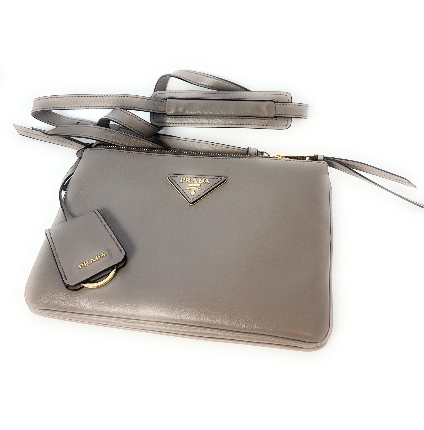 Prada Gray Vitello Phenix Bandoliera Triangle Logo Leather Crossbody 1BH046