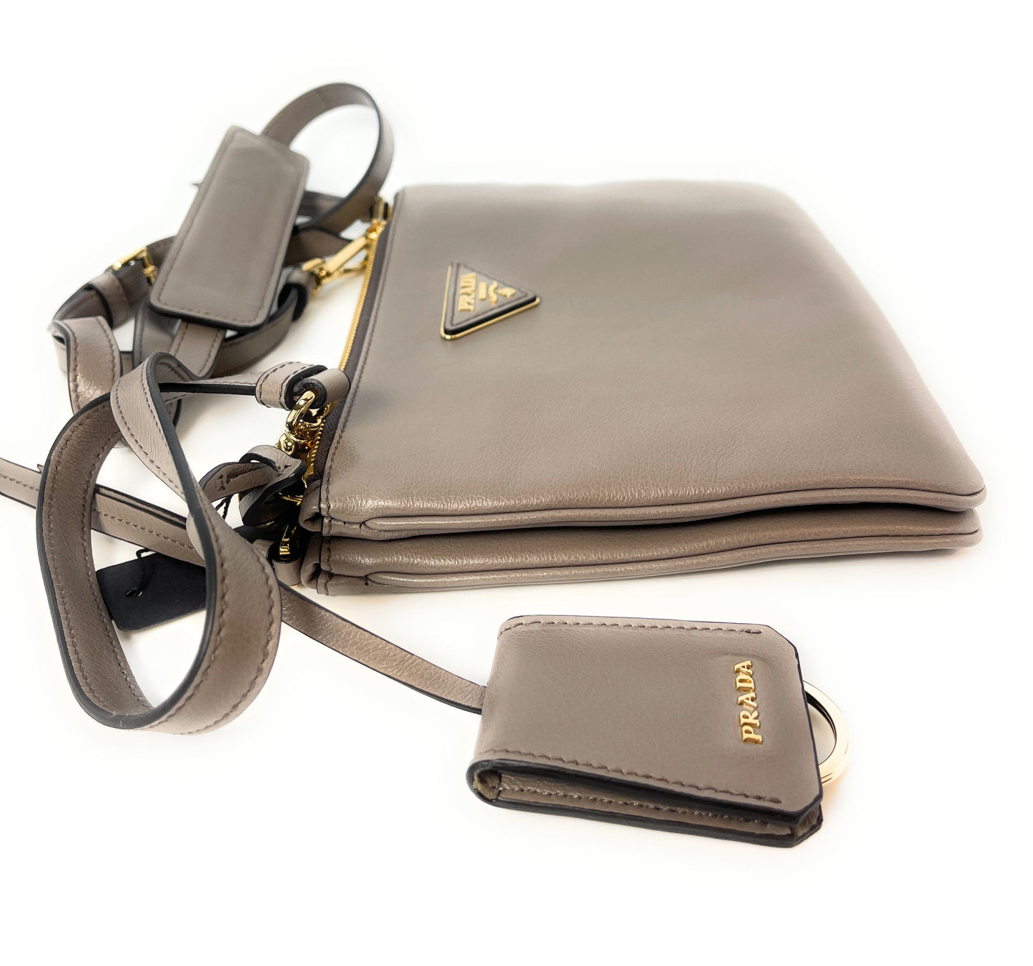 Prada Gray Vitello Phenix Bandoliera Triangle Logo Leather Crossbody 1BH046