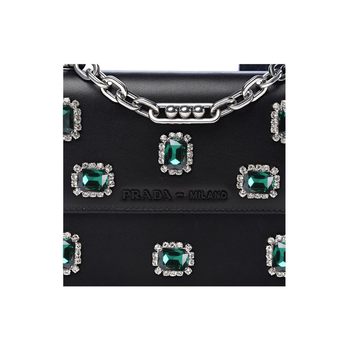 Prada Black City Calfskin Leather Green Jewels Chain Shoulder Bag 1DH101
