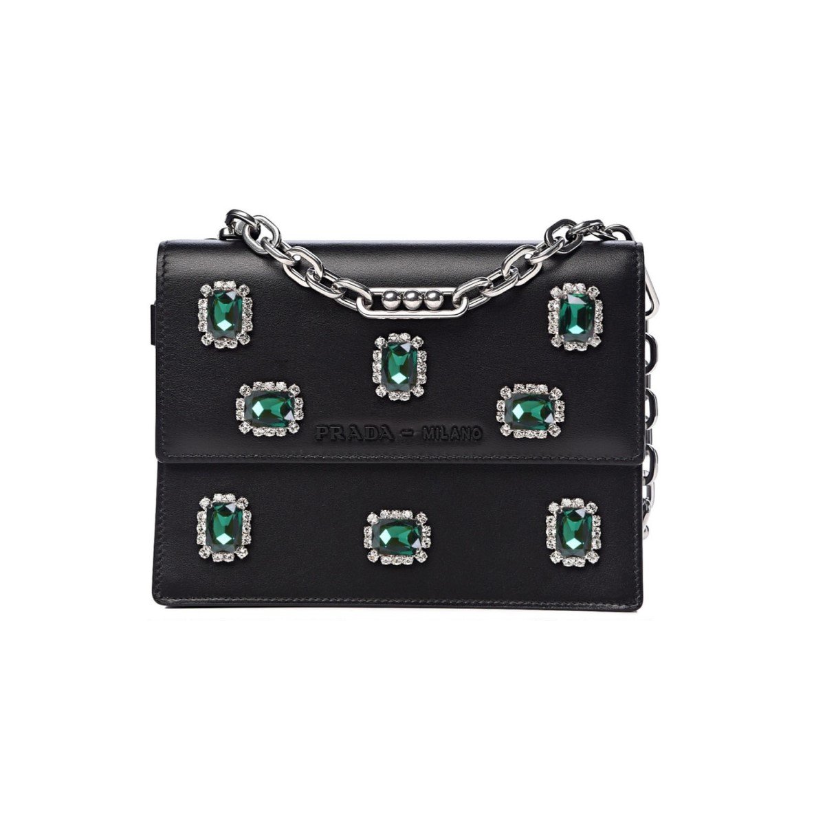 Prada Black City Calfskin Leather Green Jewels Chain Shoulder Bag 1DH101