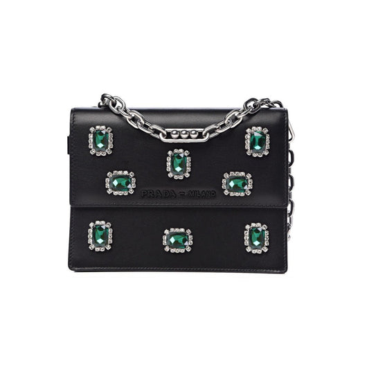 Prada Black City Calfskin Leather Green Jewels Chain Shoulder Bag 1DH101