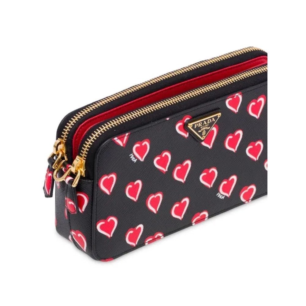 Prada Hearts Red Black Saffiano Leather Double Zip Crossbody 1DH010