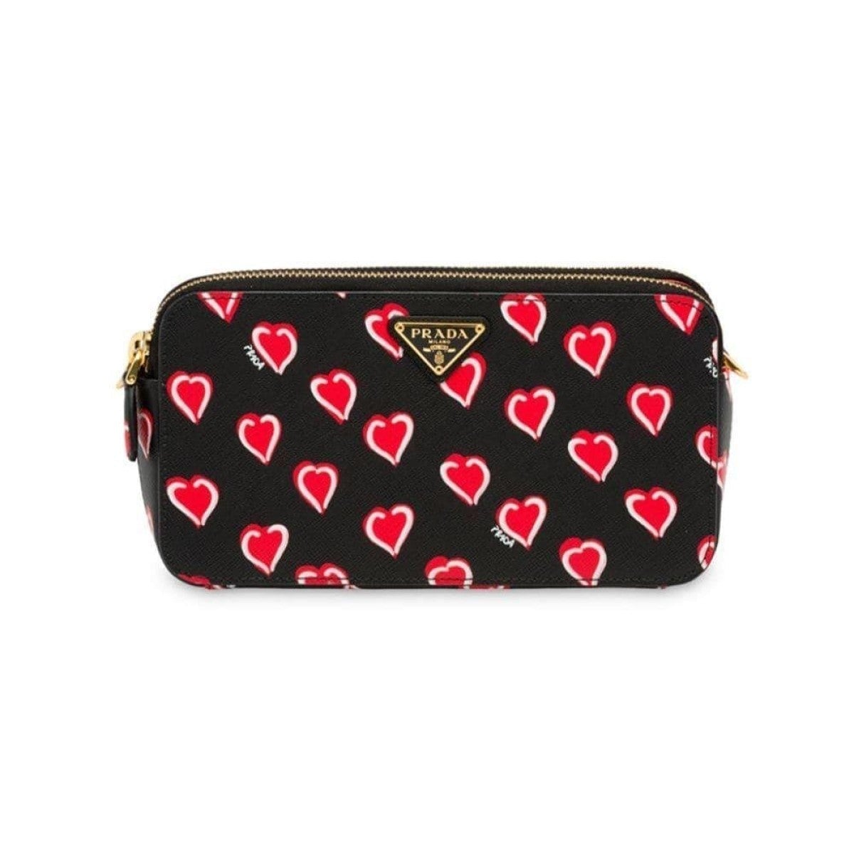Prada Hearts Red Black Saffiano Leather Double Zip Crossbody 1DH010