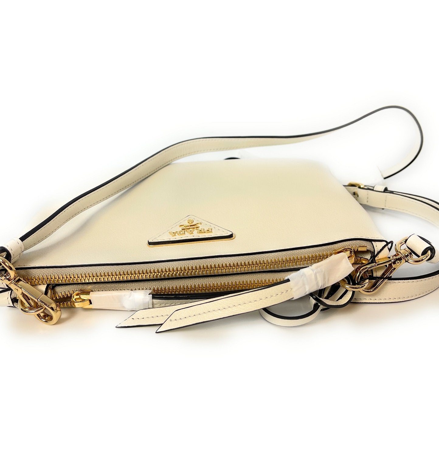 Prada Ivory Vitello Phenix Bandoliera Triangle Logo Leather Crossbody 1BH046