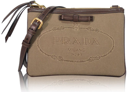 Prada Jacquard Brown Fabric Leather Trim Logo Crossbody Handbag 1BH150