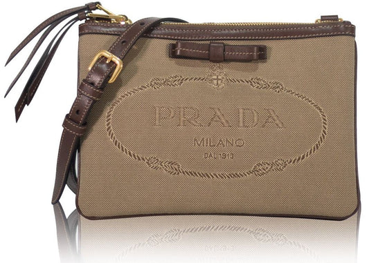 Prada Jacquard Brown Fabric Leather Trim Logo Crossbody Handbag 1BH150