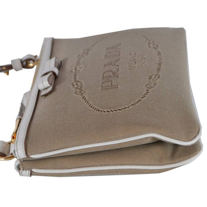 Prada Jacquard Canvas Brown Crossbody White Leather Trim Prada Logo 1BH150