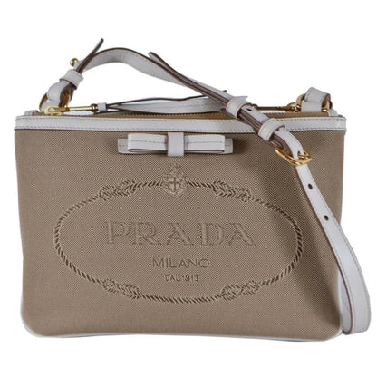 Prada Jacquard Canvas Brown Crossbody White Leather Trim Prada Logo 1BH150