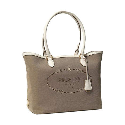 Prada Jacquard Logo White Calf Leather Trim Shoulder Tote Bag 1BG158