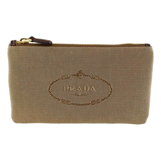 Prada Logo Jacquard Beige Canvas Small Flat Pouch Clutch Bag