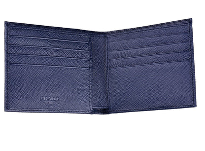 Prada Mens Baltico Blue Vitello Micro Grain Leather Bifold Wallet