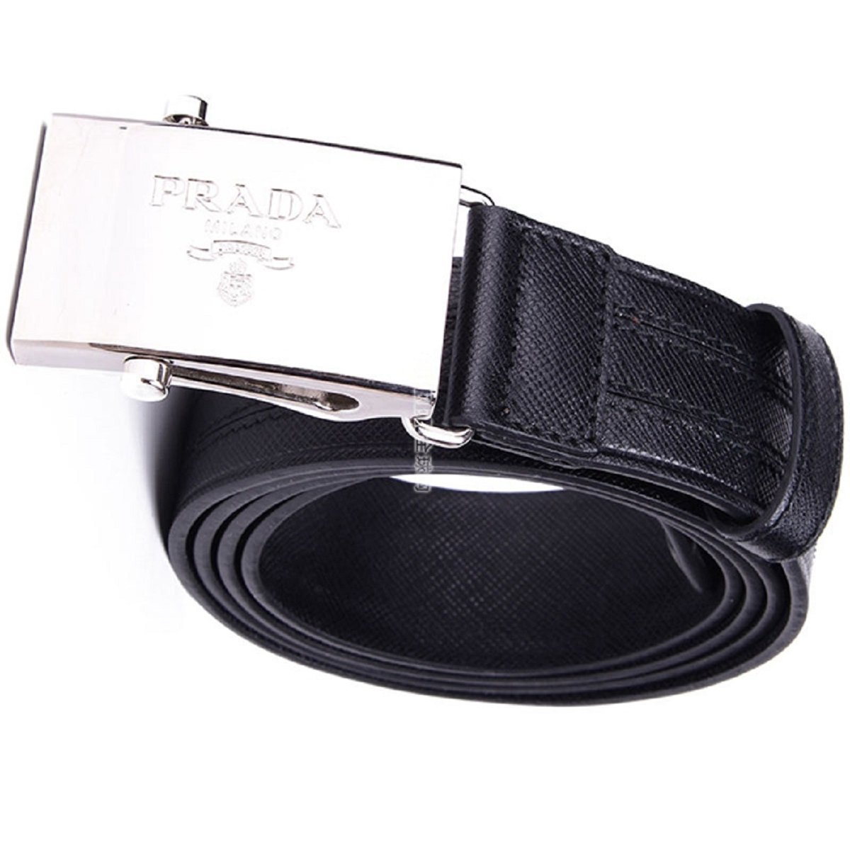 Prada Men's Logo Engraved Plaque Saffiano Leather Belt Black 40 100