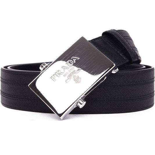 Prada Men's Logo Engraved Plaque Saffiano Leather Belt Black 40 100