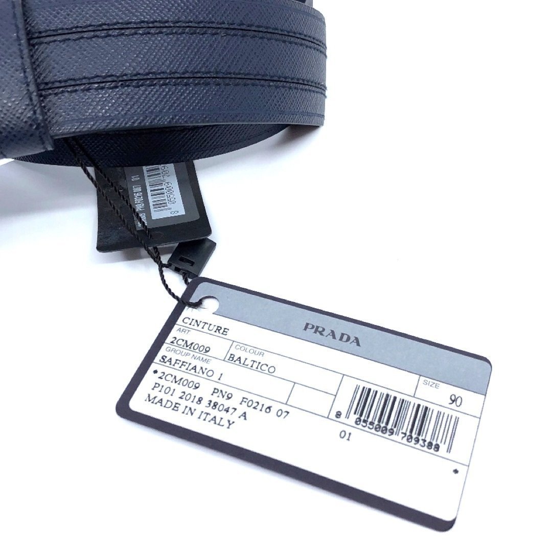 Prada Men's Logo Engraved Plaque Saffiano Leather Belt Blue 105 42 2CM009