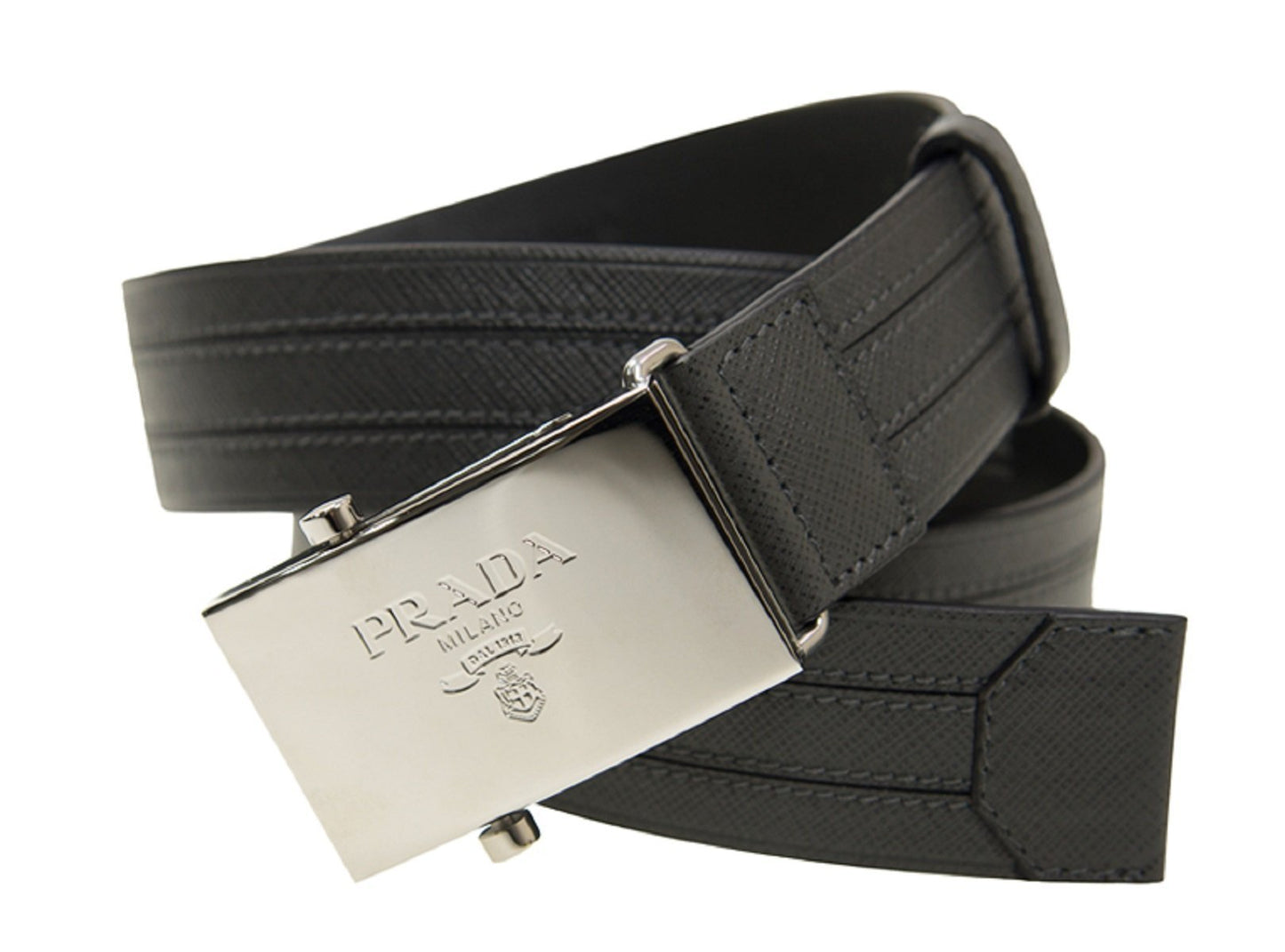 Prada Men's Logo Engraved Plaque Saffiano Leather Belt Grey Antracite 38/95