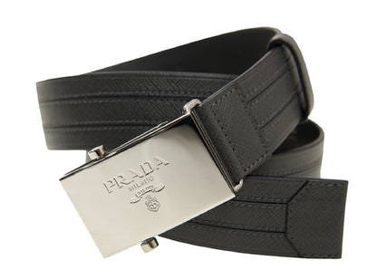 Prada Men's Logo Engraved Plaque Saffiano Leather Belt Grey Antracite 38/95